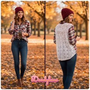 Lucky Brand Plaid Button-Up Shirt with Lace Back Roll Tab Sleeves Size XS